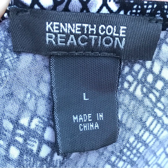 Kenneth Cole Reaction Black White Short Sleeve Slanted Hemline Blouse Sz L - Picture 8 of 10